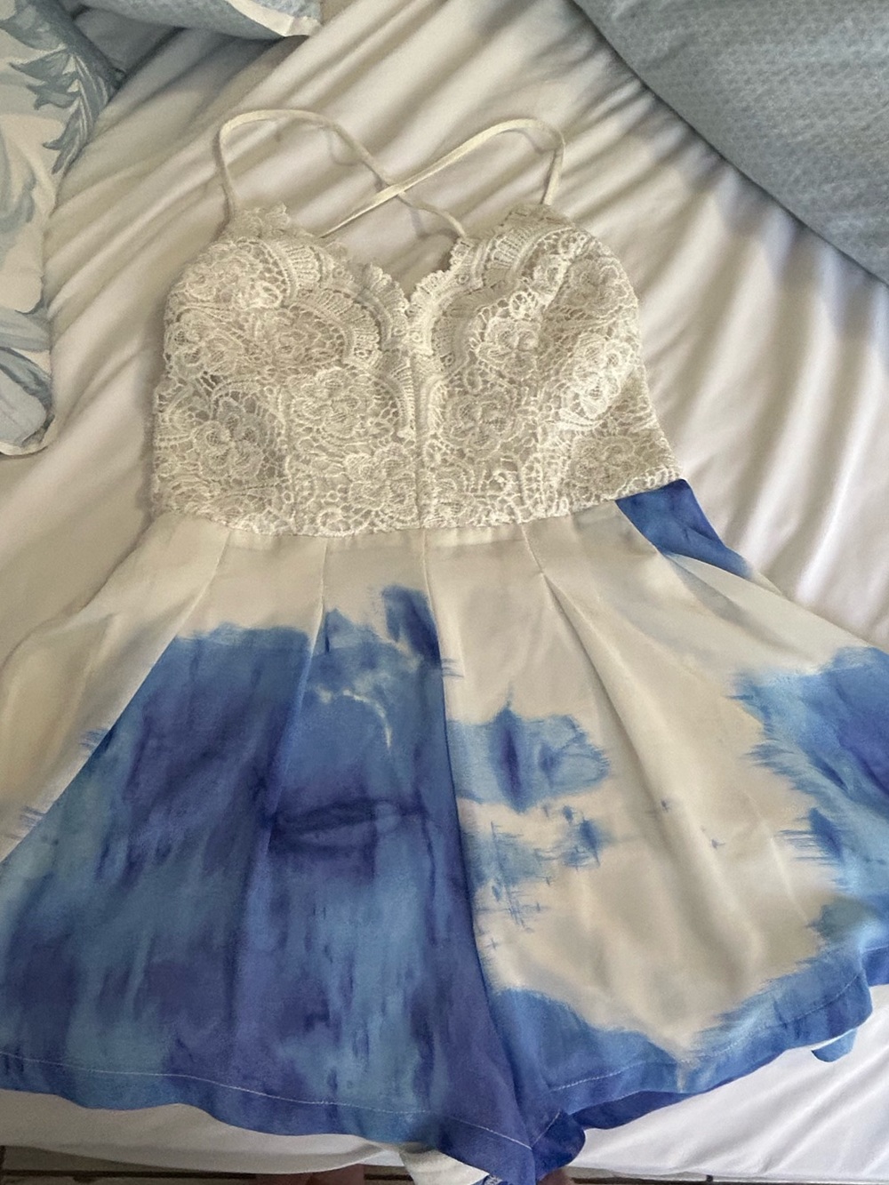 Lace Bodice Tie-Dye Romper in White and Blue